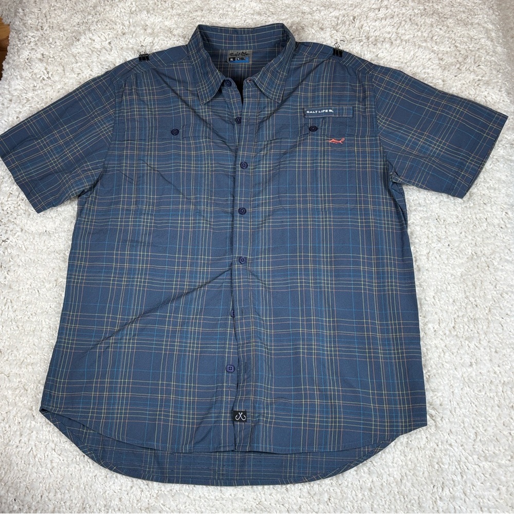 Salt Life SLX Mens Vented Shirt XL Blue Fishing Short Sleeve Zip Pockets